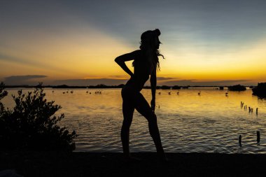 Güzel, çıplak bir Latin model, egzotik bir Karayip plajında güneşin doğuşuyla poz verirken siluete bürünür.