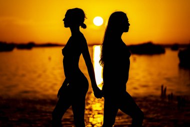 Two beautiful nude latin models are silhouetted against the rising sun behind them on a exotic Caribbean beach