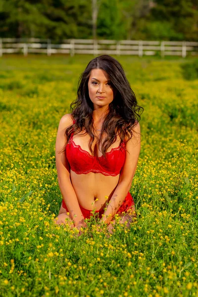 Gorgeous Brunette Model Poses Lingerie Outdoors While Enjoying Spring Weather — Stock Photo, Image