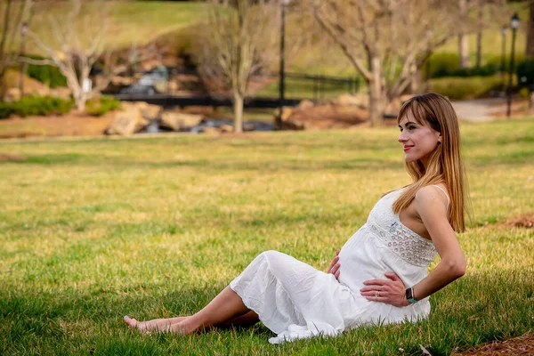 Una Hermosa Madre Embarazada Posa Ambiente Aire Libre —  Fotos de Stock