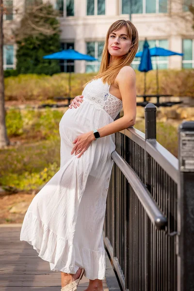 Una Hermosa Madre Embarazada Posa Ambiente Aire Libre —  Fotos de Stock