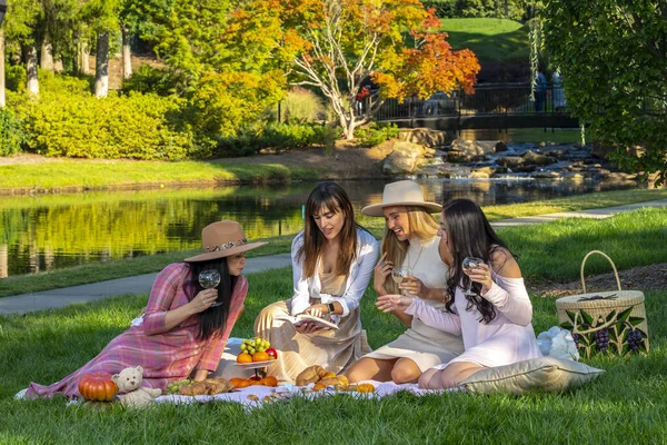 Group Beautiful Women Enjoy Picnic Fall Day Outdoors — Stock Photo, Image