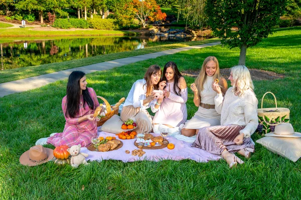 Grupo Mujeres Hermosas Disfrutan Picnic Día Otoño Aire Libre — Foto de Stock
