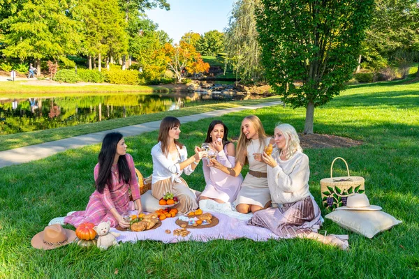 Grupo Mujeres Hermosas Disfrutan Picnic Día Otoño Aire Libre — Foto de Stock