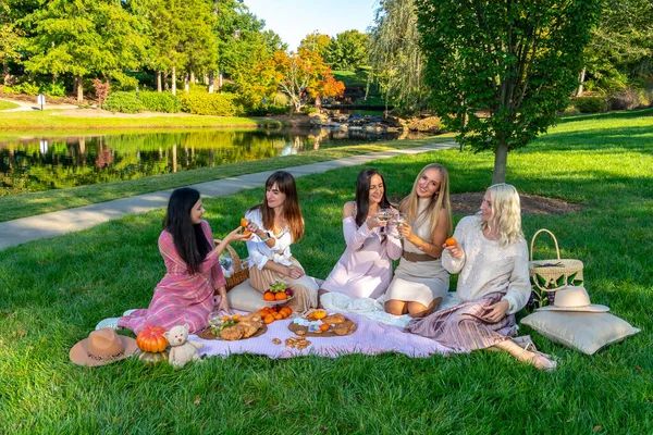 Grupo Mujeres Hermosas Disfrutan Picnic Día Otoño Aire Libre — Foto de Stock
