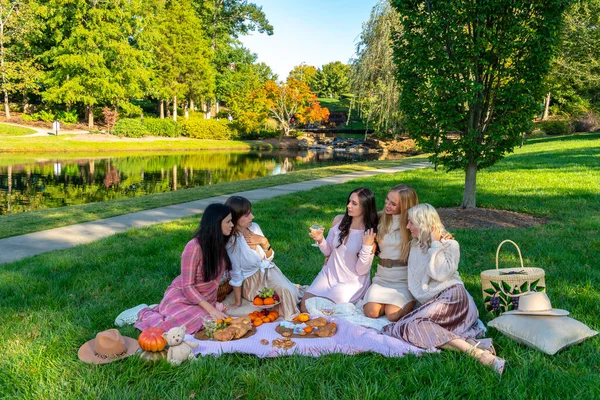 Grupo Mujeres Hermosas Disfrutan Picnic Día Otoño Aire Libre — Foto de Stock