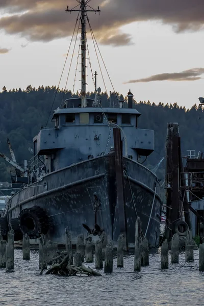 古い放棄された船が川の近くのドックに座っている — ストック写真