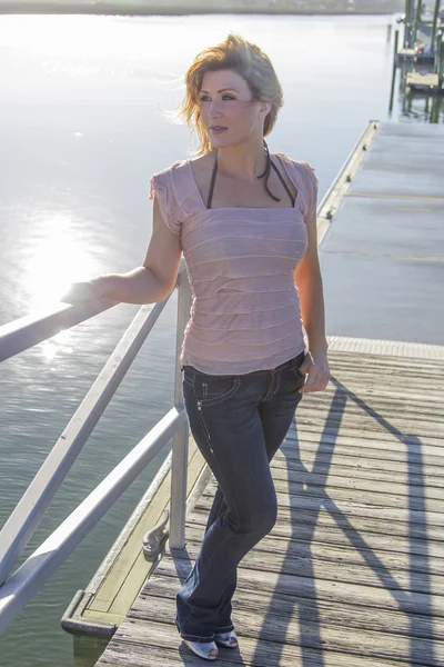 Model at Sunrise on Pier — Stock Photo, Image