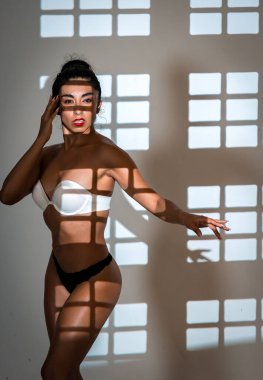 Güzel bir model bir stüdyoda zarifçe poz verir. Zarafeti dramatik gölgelerle vurgulanır. Kusursuz özelliklerini ve zamansız duruşunu vurgular..