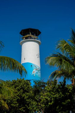 BHS - Şubat 03, 2024: Büyük Stirrup Cay 'in Görkemli Deniz Feneri, Bahama Kıyı Şeridinin Idyllic Güzelliği Arasındaki Denizcilere Rehberlik Ediyor