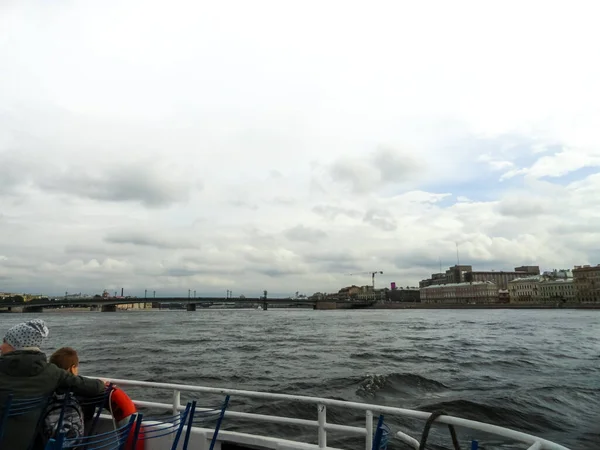 Saint Petersburg, Russia, September, 5, 2020, excursion by boat on the Neva river in Saint Petersburg. Types and sights of St. Petersburg.