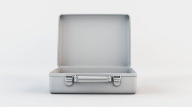 Işık açık, beyaz arka planda izole giysiler için boş bavul. 3d resimleme.