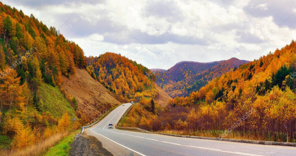 Autumn mountain road on the island of Sakhalin.