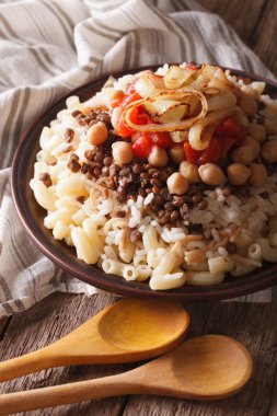 Mısır mutfağı: kushari yakın plaka üzerinde çekim. Dikey