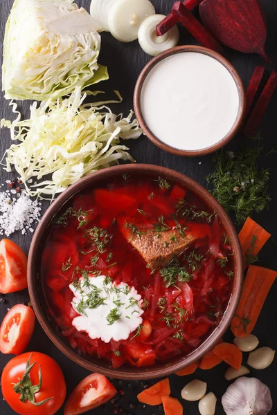 Ukrainische rote Suppe Borschtsch mit Zutaten auf Schiefer Nahaufnahme. Mehr — Stockfoto
