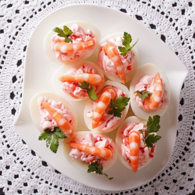 karides ve krem peynir ile doldurulmuş yumurta yakın. Üstte görüntü 