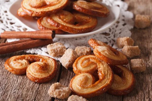 Sabrosas galletas Palmiers con azúcar y canela primer plano, horizonte — Foto de Stock