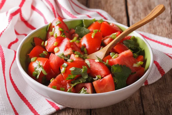 Alimentos saudáveis: salada de tomate fresco com cebola em uma tigela close-up . — Fotografia de Stock