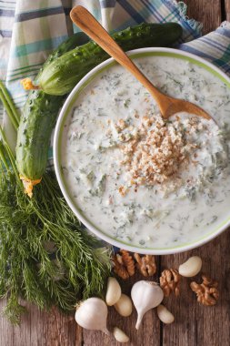 Bulgar tarator çorba yakın up ve malzemeler. Dikey üst VI