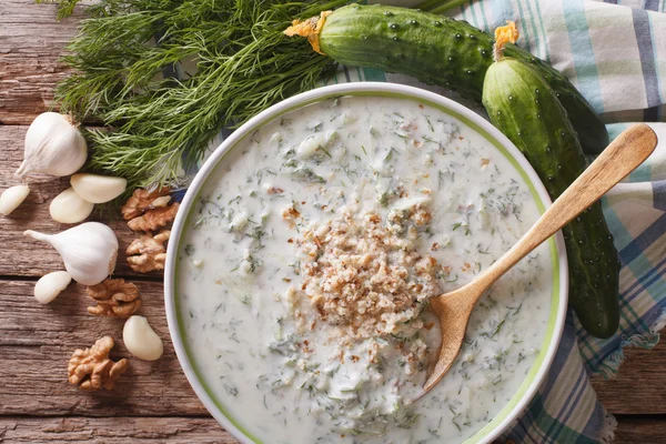 Bulgarische Taratorensuppe in Nahaufnahme und Zutaten. horizontal oben — Stockfoto