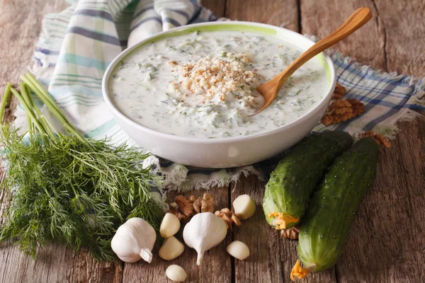 Soğuk çorba tarator yakın çekim yaz ve Maddeler tablosundaki. 