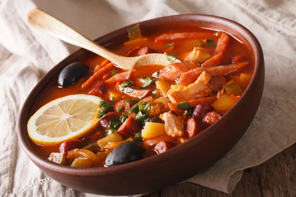 Traditional Russian soup solyanka closeup on the table. Horizont — Stock Photo, Image