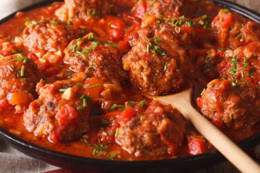 Albondigas köfte çanak makro üzerinde baharatlı sos ile. horizonta