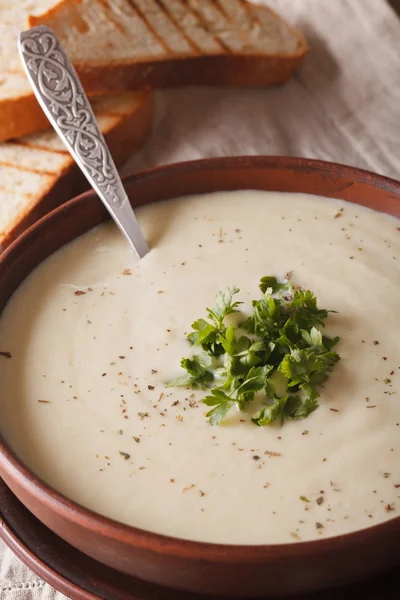 Французький Крем суп дю Баррі в миску макрос. Вертикальні — стокове фото