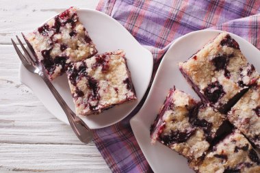 Berry Buckle close up on a plate. horizontal top view