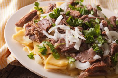 beshbarmak - kuzu ve soğan makro ile ev yapımı erişte. Horizon