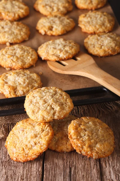 Oatmeal cookies close up in baking dish. Vertical — Stock Photo, Image