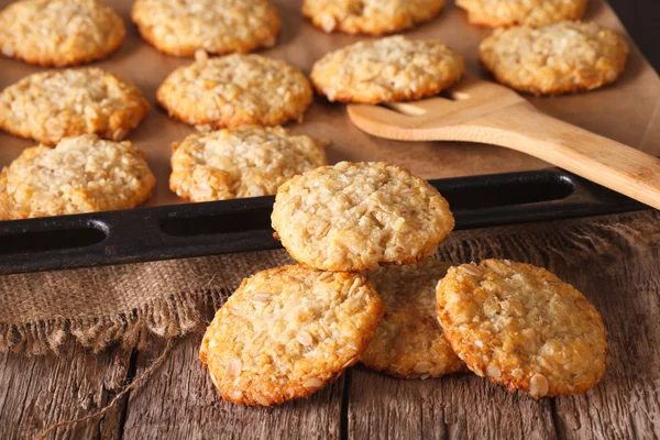 Oatmeal cookies close up in baking dish. horizontal — Stock Photo, Image