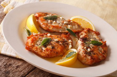 kavrulmuş tavuk göğsü adaçayı, sarımsak ve limon yakın çekim ile bir