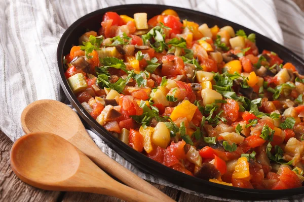 Pistou: berinjela, pimentas, tomates, abobrinha, cebola close-up. h — Fotografia de Stock