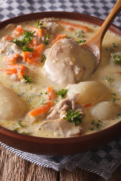 鶏 waterzooi ベルギーのクリーム スープをクローズ アップ。垂直方向 — ストック写真