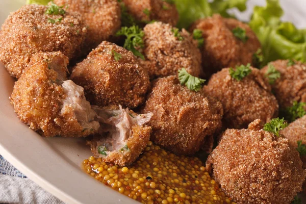 Plaka yakın çekim hardal ile Bitterballen Dana. Yatay