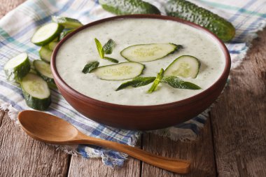 Yoğurtlu taze salatalık çorbası bir kapta kapatın. Horizont