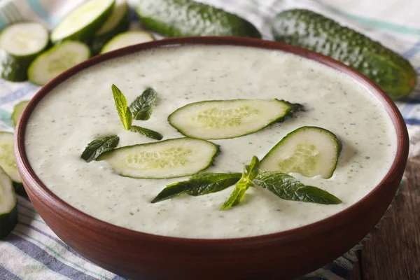 Leckere Gurkencremesuppe mit Minze in einer Schüssel. horizontal — Stockfoto