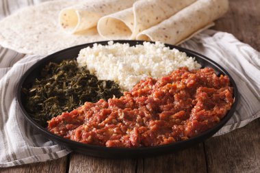 Ethiopian food kitfo: marinated beef with herbs and cheese close clipart