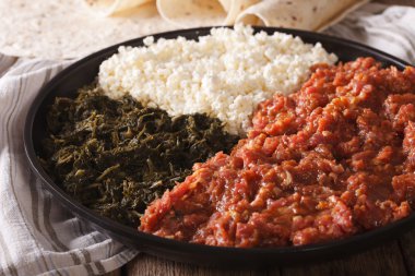 Ethiopian kitfo with herbs and cheese ayibe and injera close-up. clipart
