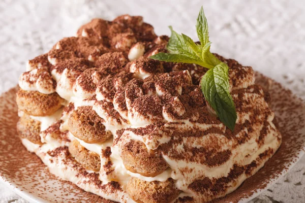 Gâteau Tiramisu italien sur une macro assiette. Horizontal — Photo