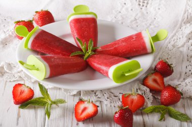 Nane ve yoğurt bir sopa portre üzerinde çilekli dondurma. Ho