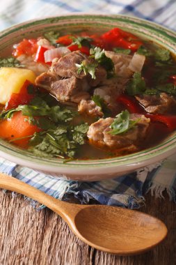 Kuzu çorba, sebze closeup masanın üzerinde. dikey