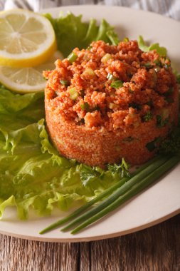 Geleneksel Türk bulgur salatası Kisir yakın bir plaka üzerinde çekim. Vert