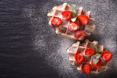 Liege waffles with fresh strawberries, powdered sugar closeup on clipart