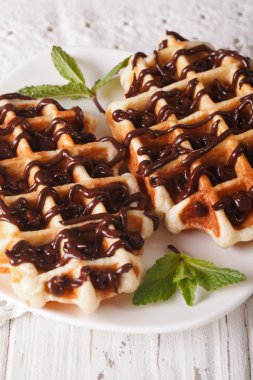 Plaka yakın çekim üzerinde çikolata tepesi ile lezzetli Belçika waffle