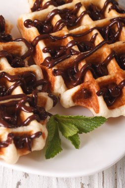 Belçika waffle bir plaka üzerinde çikolata makro ile tepesinde. Dikey