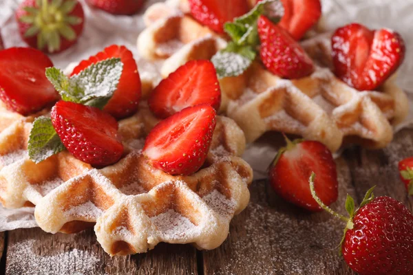 Belgian cuisine: waffles with strawberries, powdered sugar macro
