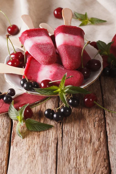 Tasty homemade berry sorbet with mint on a stick close up. verti — Stock Photo, Image