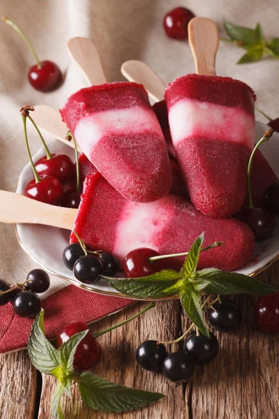 Tasty berry ice cream with mint close up on a stick. vertical — Stock Photo, Image